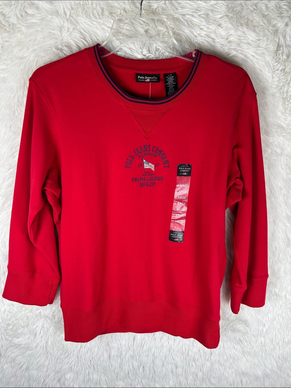 NWT Vintage Polo Ralph Lauren Red Crewneck Sweatshirt with Navy Trim